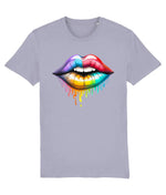Women's Light purple t-shirt with a colorful lips graphic on a white background
