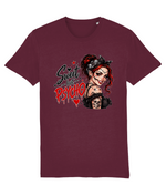 A maroon short-sleeve womens crewneck t-shirt featuring a graphic print of a creepy gothic woman with red hair, a bandana, and a skull, next to the text 'Sweet but PSYCHO' in stylized black and red lettering.