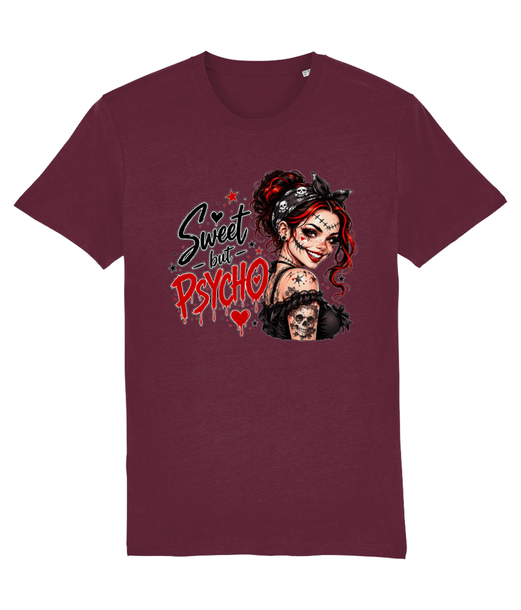 A maroon short-sleeve womens crewneck t-shirt featuring a graphic print of a creepy gothic woman with red hair, a bandana, and a skull, next to the text 'Sweet but PSYCHO' in stylized black and red lettering.