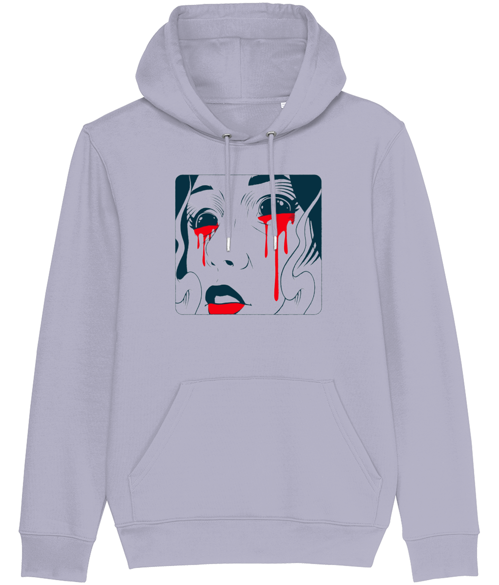 Women's Gray hoodie with a graphic design of a face with red accents on a white background