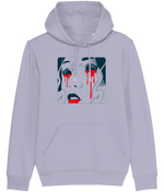 Women's Gray hoodie with a graphic design of a face with red accents on a white background