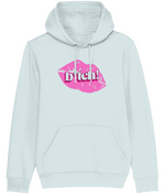 Women's Light blue hoodie with pink lips graphic and 'bitch!' text on a white background