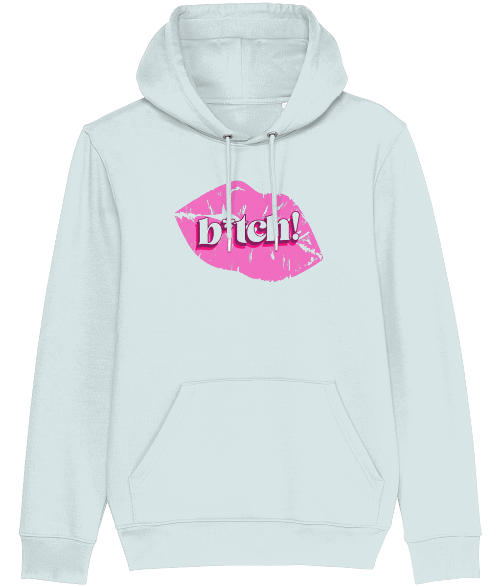 Women's Light blue hoodie with pink lips graphic and 'bitch!' text on a white background