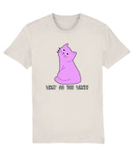 Women's Stanley/Stella Beige t-shirt with a purple cat graphic and text 'WHAT DO YOU WANT?' on a white background