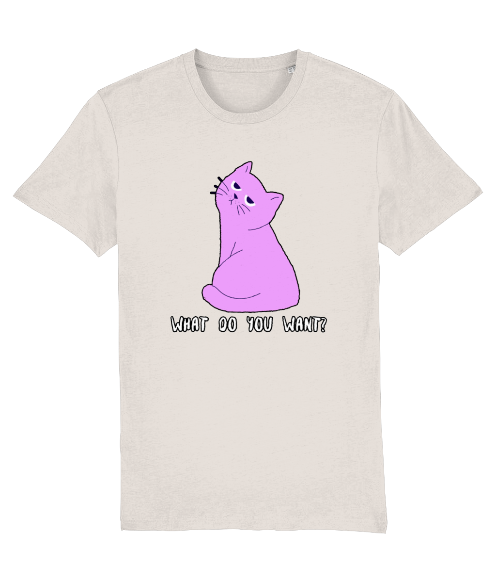 Women's Stanley/Stella Beige t-shirt with a purple cat graphic and text 'WHAT DO YOU WANT?' on a white background
