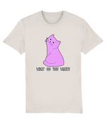 Women's Stanley/Stella Beige t-shirt with a purple cat graphic and text 'WHAT DO YOU WANT?' on a white background