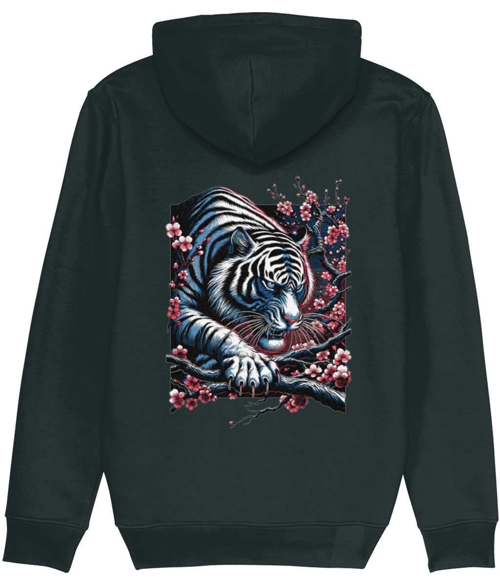 A womens black pullover hoodie shown from the back, featuring a large graphic print of a white tiger with blue shading and pink cherry blossoms on a branch.