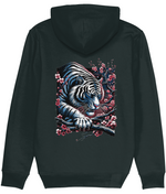A womens black pullover hoodie shown from the back, featuring a large graphic print of a white tiger with blue shading and pink cherry blossoms on a branch.