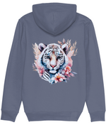 Women's Stanley/Stella Gray hoodie with a tiger and floral design on the back against a white background