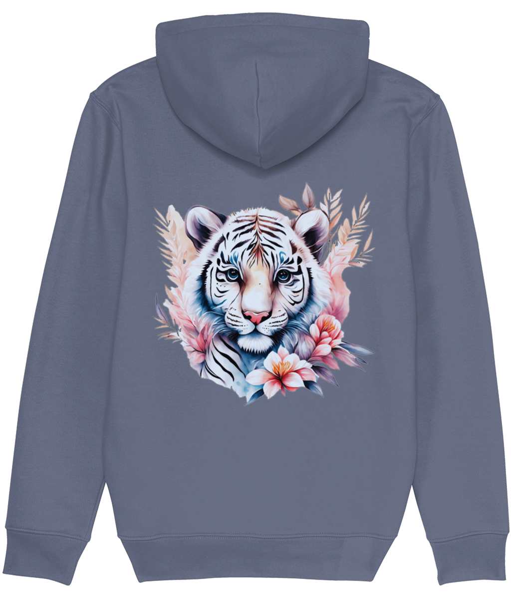 Women's Stanley/Stella Gray hoodie with a tiger and floral design on the back against a white background