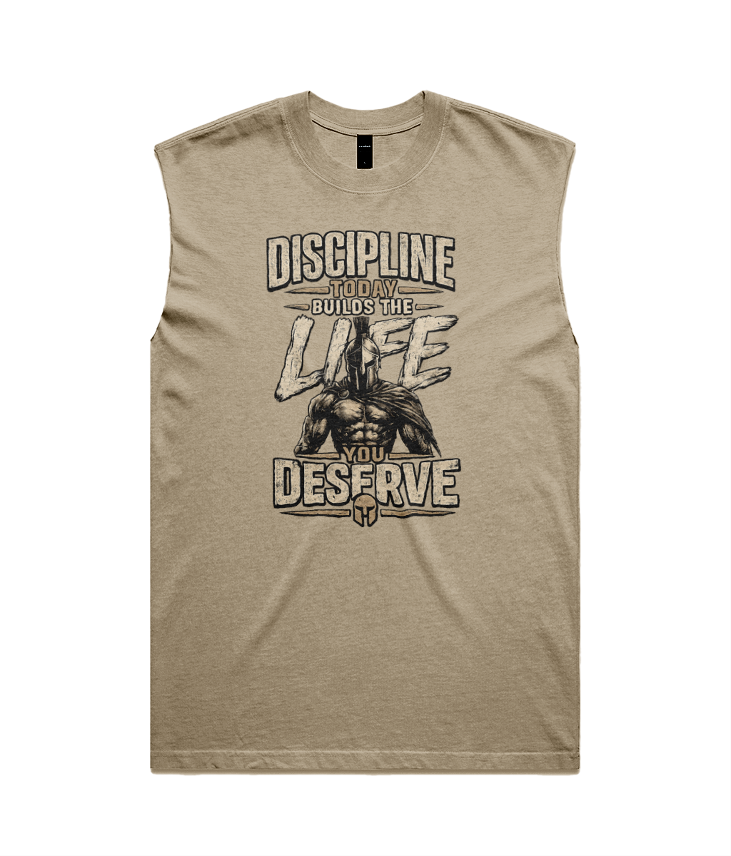 A mens tank top heathered tan, featuring a large black and white graphic print on the front with the text 'DISCIPLINE TO WIN LIFE DESERVE' and an illustration of a muscular figure.