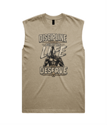 A mens tank top heathered tan, featuring a large black and white graphic print on the front with the text 'DISCIPLINE TO WIN LIFE DESERVE' and an illustration of a muscular figure.