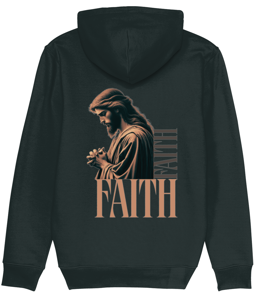 Women's Black hoodie with a graphic of a praying figure and the word 'FAITH' on the back.