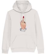 Women's White hoodie with a graphic of a hand giving the middle finger on a white background