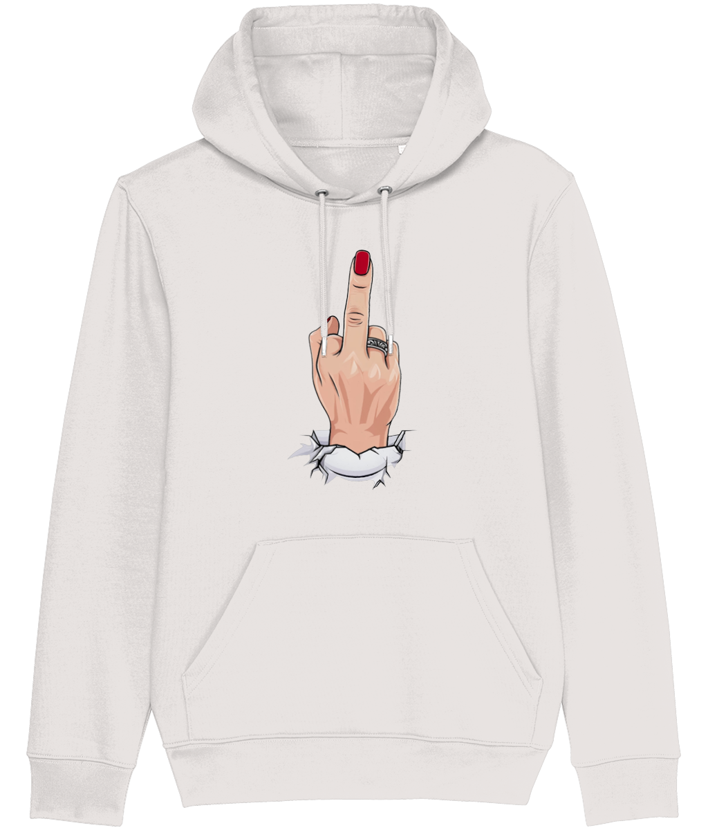 Women's White hoodie with a graphic of a hand giving the middle finger on a white background