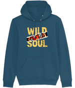 Blue hoodie with 'Wild Soul' graphic design on a white background
