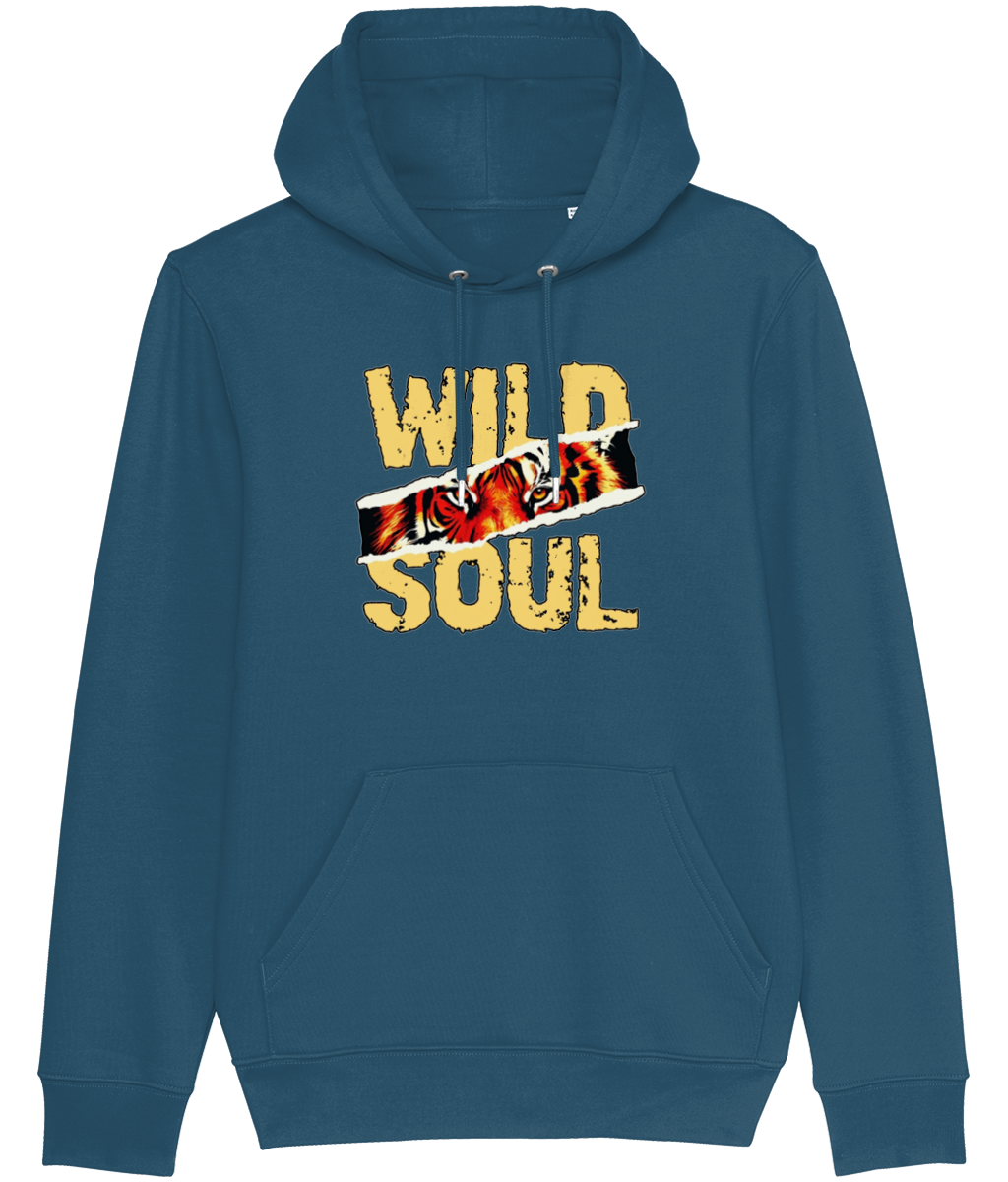 Blue hoodie with 'Wild Soul' graphic design on a white background