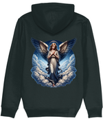 Women's Black hoodie with an angel design on the back against a white background