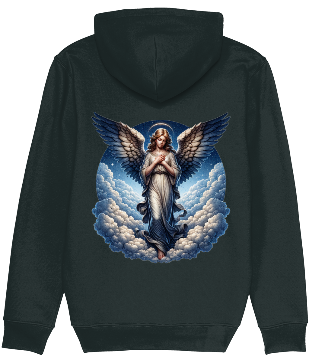Women's Black hoodie with an angel design on the back against a white background