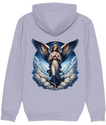 Women's Light gray hoodie with an angel graphic on the back against a white background