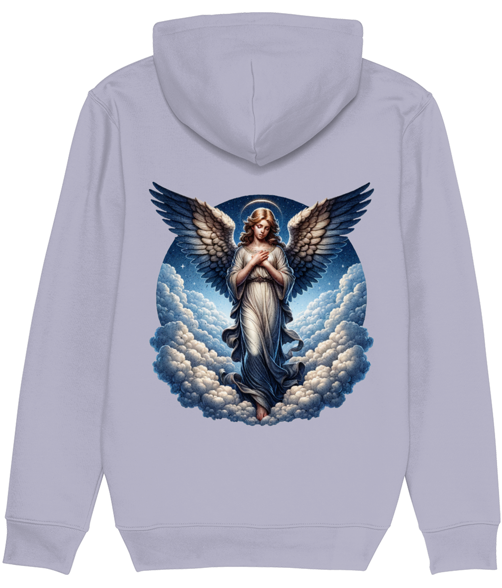 Women's Light gray hoodie with an angel graphic on the back against a white background