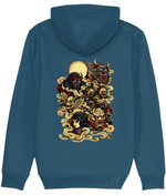A womens blue hoodie shown from the back, featuring a large, detailed graphic print of various Japanese-style demons and skulls amidst golden clouds, with a large yellow full moon in the background.