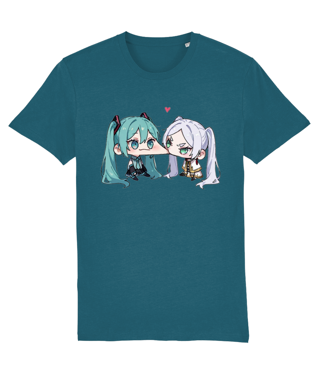 A womens teal short-sleeve crewneck t-shirt featuring a graphic print of two chibi anime characters with teal and white hair facing each other, with a small pink heart above them.
