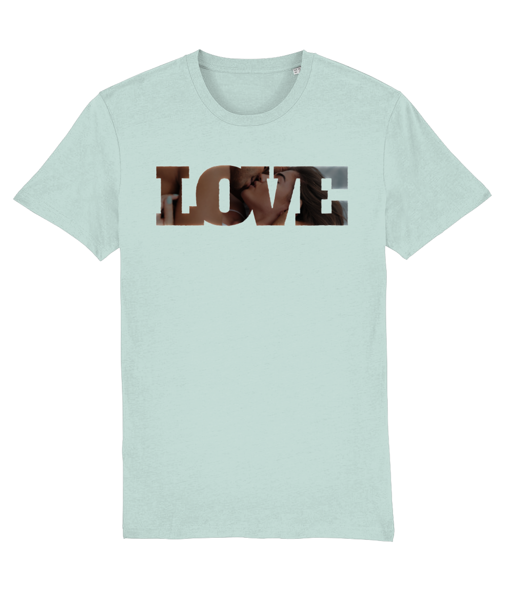 women's Light blue t-shirt with 'LOVE' printed in brown and black on a white background