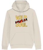 Beige hoodie with 'Wild Soul' text and graphic on a white background