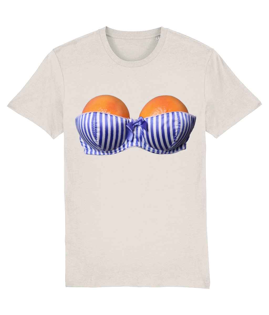 Women's T-shirt with a graphic of oranges in a blue and white striped bikini on a beige background