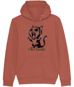 Women's Brown hoodie with a black cat graphic and 'I Am Lovely' text on a white background