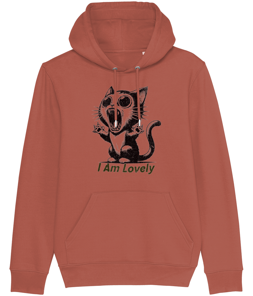 Women's Brown hoodie with a black cat graphic and 'I Am Lovely' text on a white background