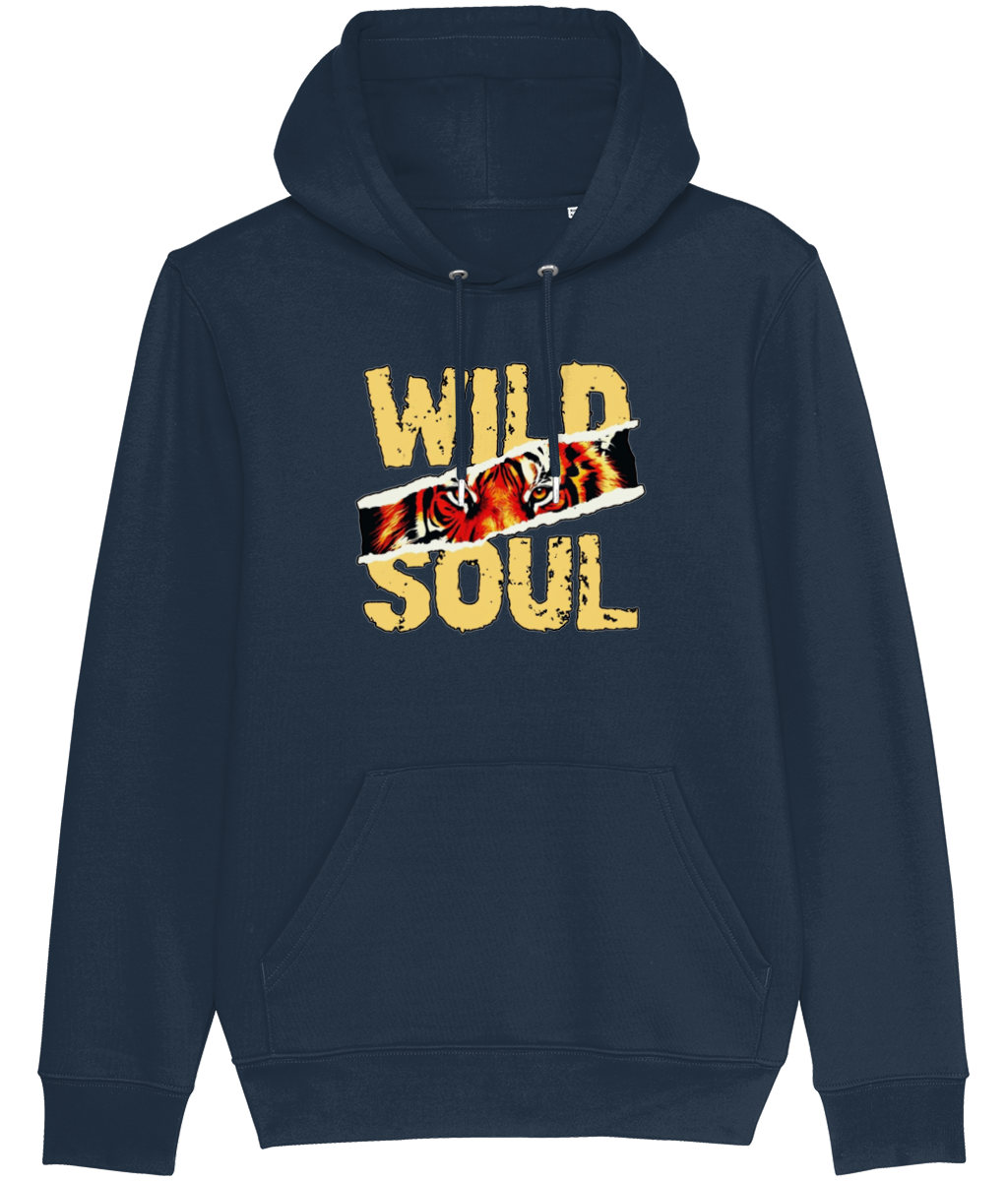 Navy blue hoodie with 'Wild Soul' text and tiger graphic on a white background