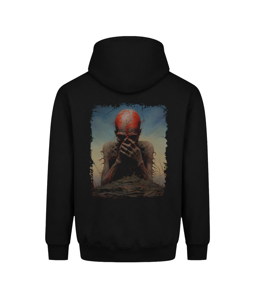 A men’s graphic hoodie with a dark demonic horror design inspired by dark fantasy, gothic art, and horror culture. The artwork shows a mysterious creature with a weathered, otherworldly appearance, creating a powerful dark aesthetic.