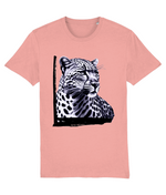 Women's Pink t-shirt with a leopard graphic on a white background