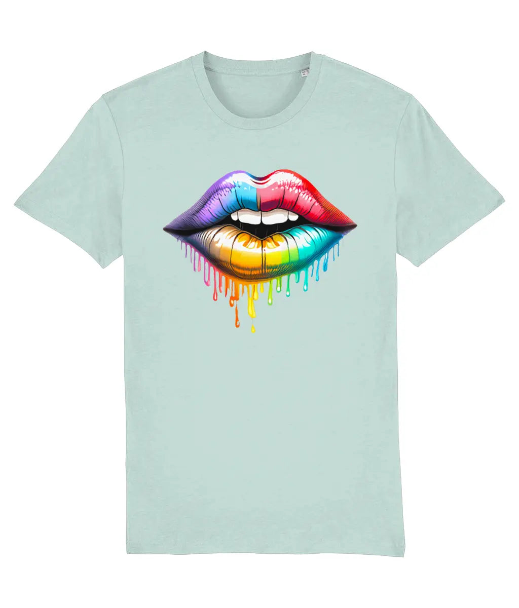 Women's Stanley/Stella Light blue t-shirt with a colorful lips graphic design on a white background