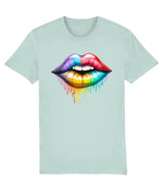 Women's Stanley/Stella Light blue t-shirt with a colorful lips graphic design on a white background