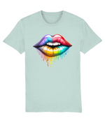 Women's Stanley/Stella Light blue t-shirt with a colorful lips graphic design on a white background