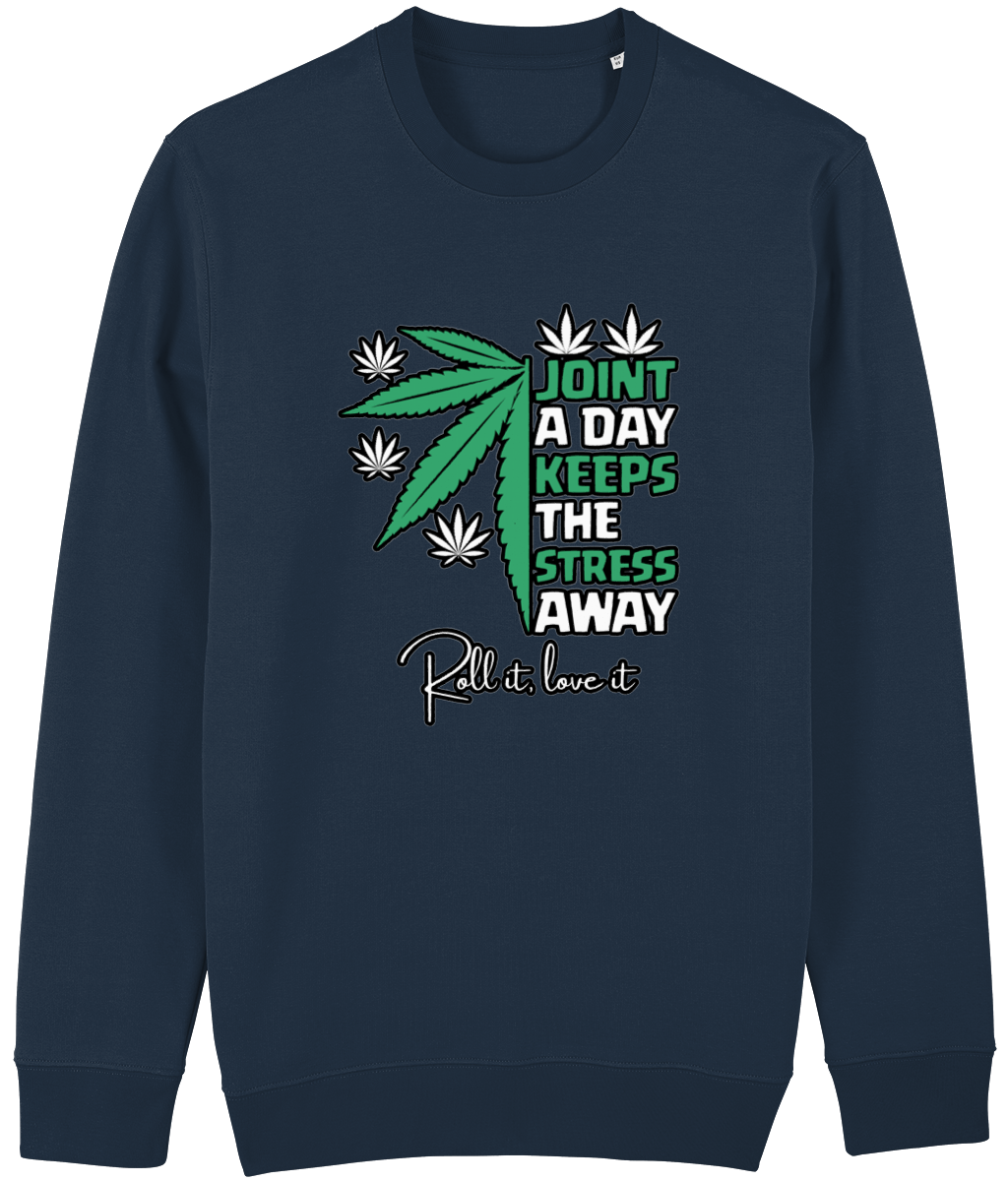 Men's Navy blue sweatshirt with cannabis leaf design and text on a white background