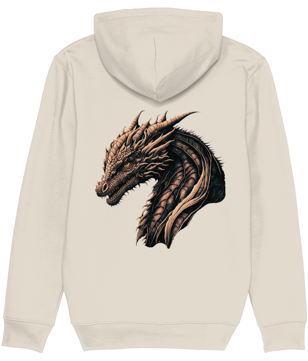 Men's Beige hoodie with a dragon design on the back against a white background