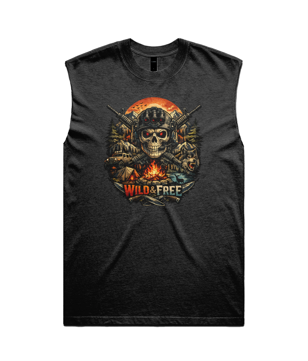 Mens Black sleeveless shirt with a skull and crossed swords design on a white background