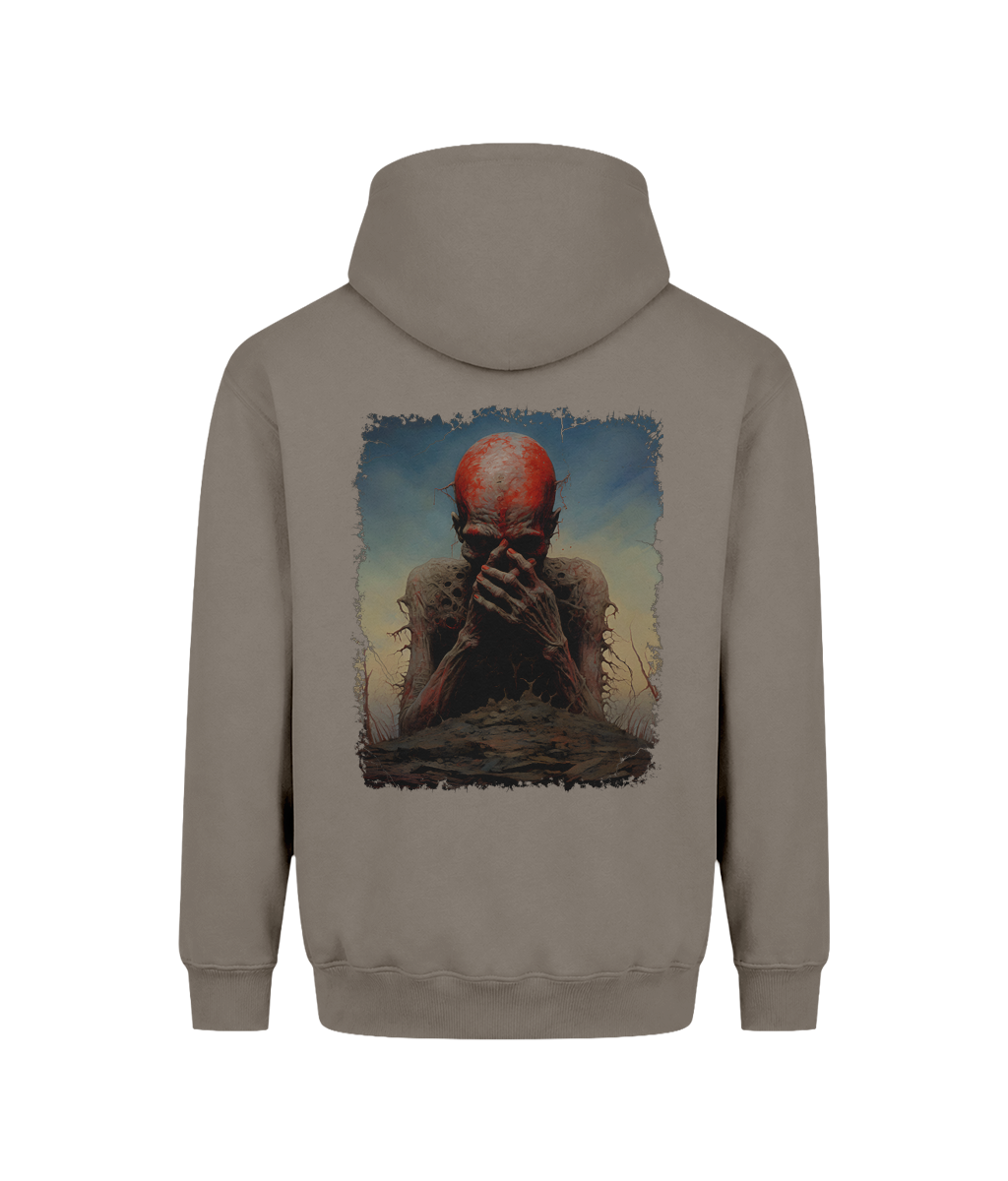 A men’s graphic hoodie with a dark demonic horror design inspired by dark fantasy, gothic art, and horror culture. The artwork shows a mysterious creature with a weathered, otherworldly appearance, creating a powerful dark aesthetic.
