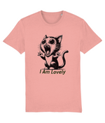 Women's Pink t-shirt with a black cat graphic and 'I Am Lovely' text on a white background