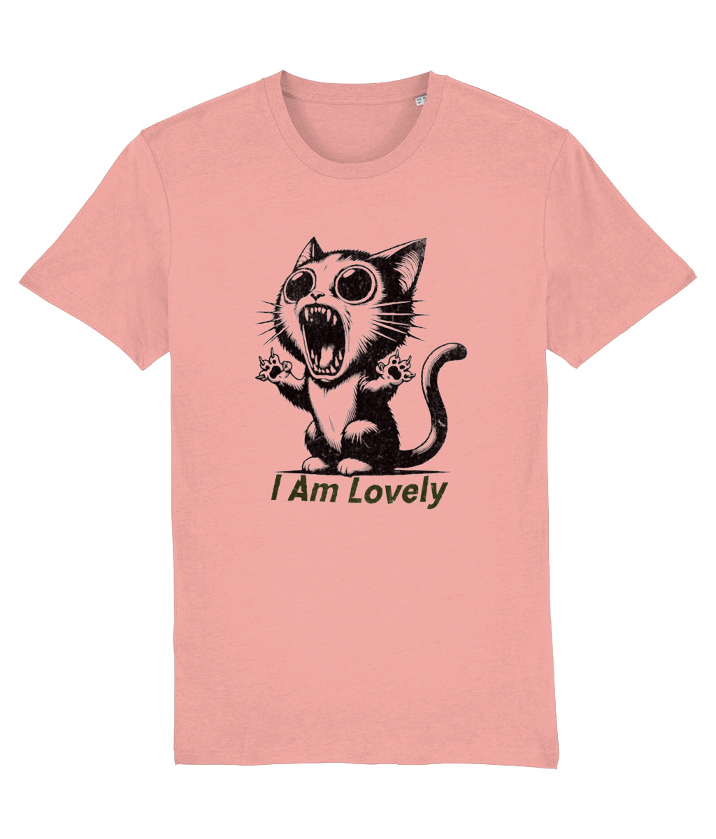 Women's Pink t-shirt with a black cat graphic and 'I Am Lovely' text on a white background