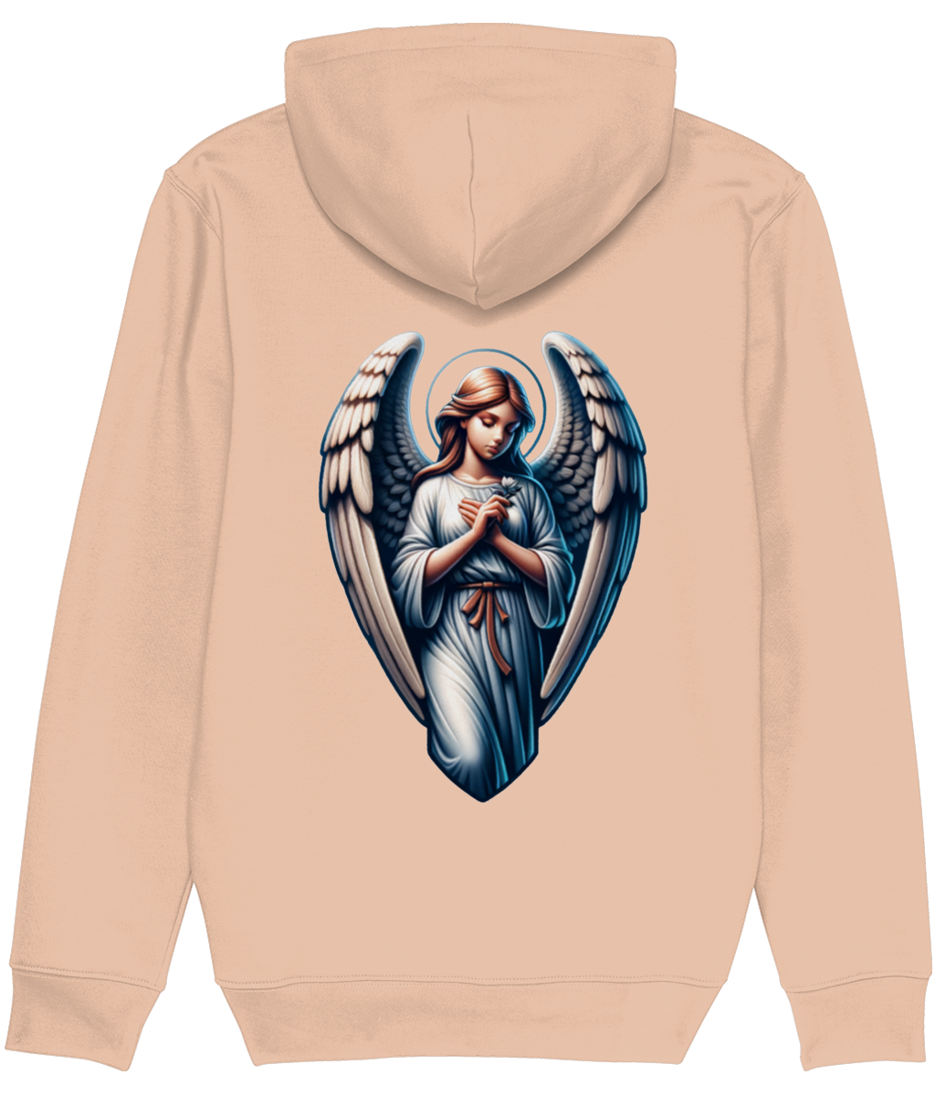 A womens light peach-beige pullover hoodie shown from the back, featuring a large graphic print of a praying angel with blue and white wings on the center back.