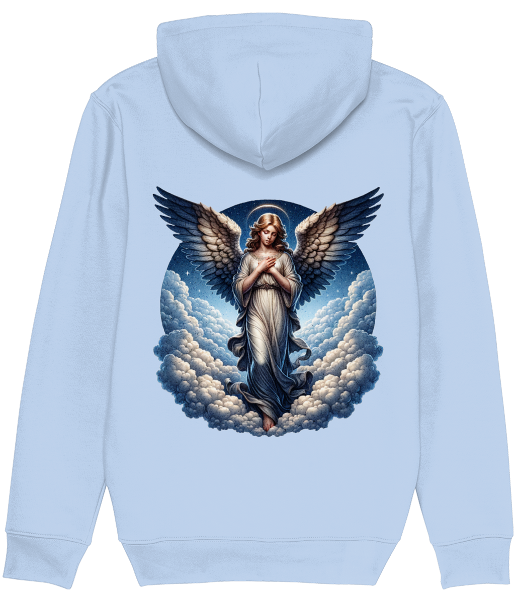 Women's Light blue hoodie with an angel design on the back against a white background
