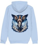 Women's Light blue hoodie with an angel design on the back against a white background