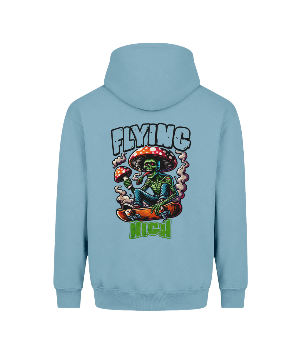 A light blue hoodie shown from the back, featuring a colorful graphic of a green skeleton sitting on a red skateboard with mushrooms and the text 'FLYING HIGH'.