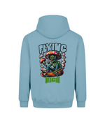 A light blue hoodie shown from the back, featuring a colorful graphic of a green skeleton sitting on a red skateboard with mushrooms and the text 'FLYING HIGH'.