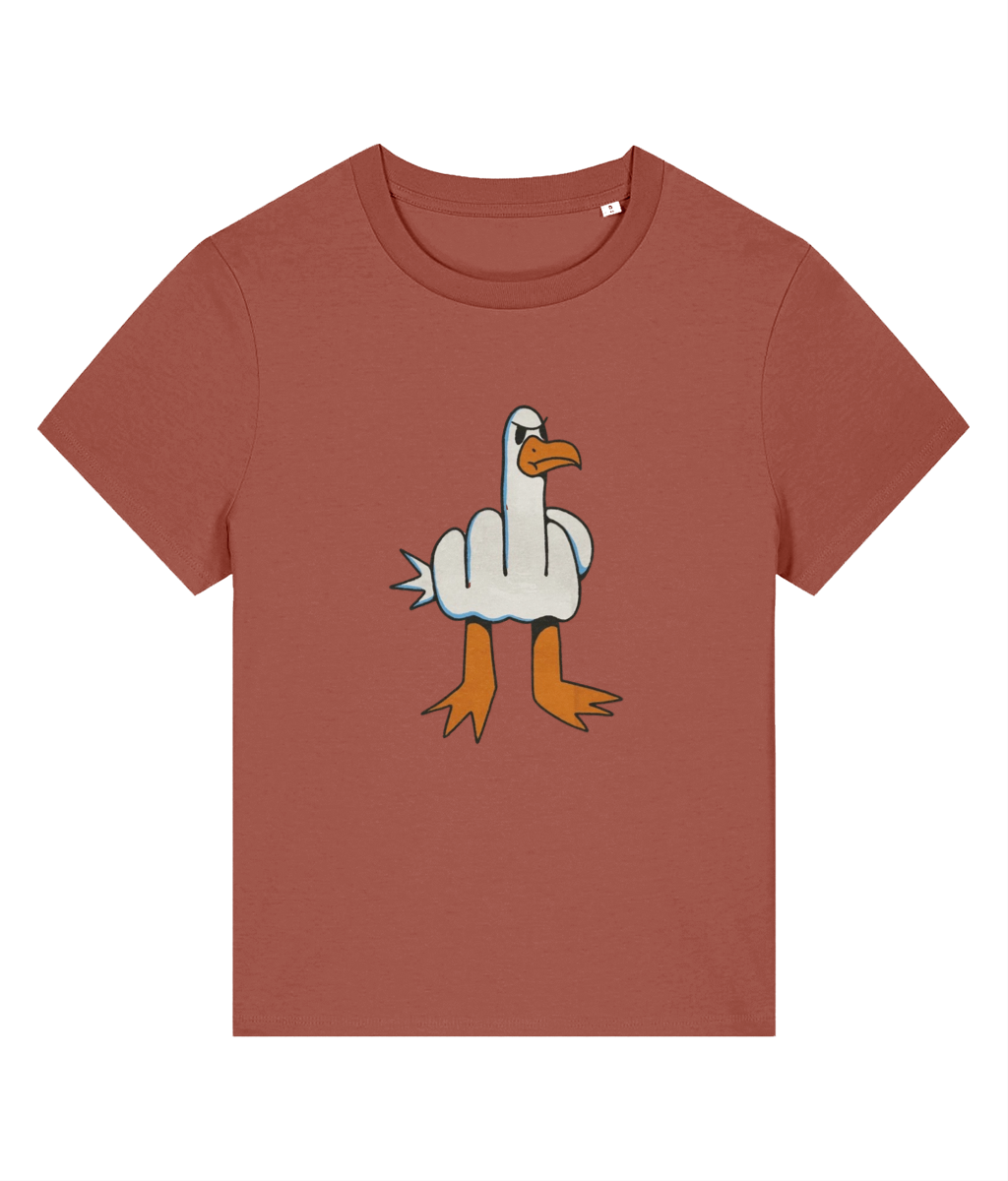 A womens Stanley/Stella short-sleeve crewneck t-shirt in a muted terracotta or rust color, featuring a cartoon graphic of a white goose with orange legs and a middle finger gesture on the chest.